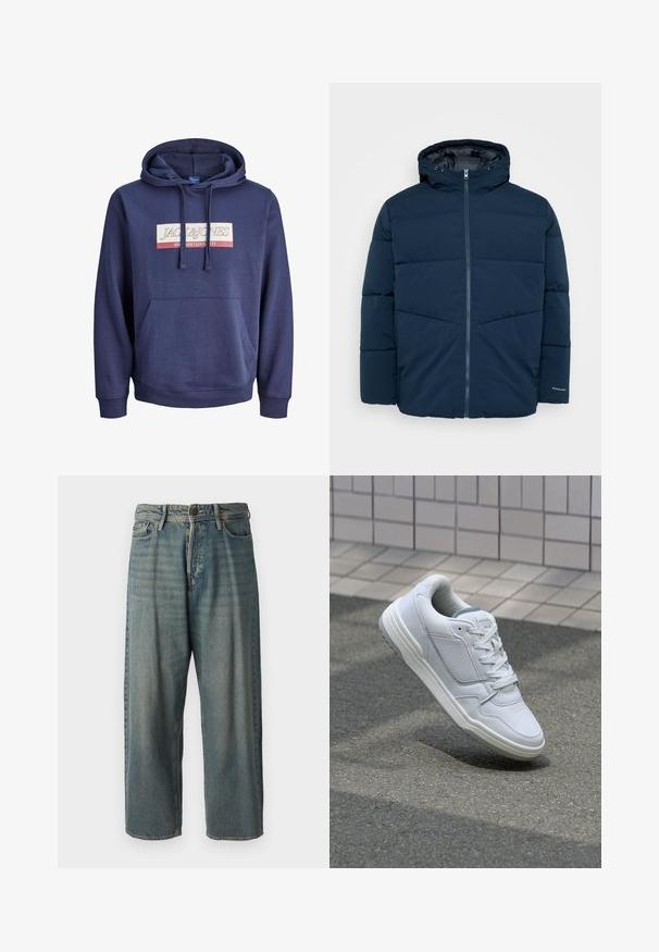 Tumed sinine soe talvejope kapuutsi, ees lukuga ja pikkade varrukatega, esitatud ühetonaalse tausta ees.; Tumedast sinine kapuutsiga särk, mis on valmistatud puuvilla segukangast, ees on eesmine tasku, reguleeritav kapuuts ning graafiline logo kujundus rinna peal.; Heledad sinine denim-stiilis teksad, volüümse lõike, keskmise kõrgusega talje ja sirgete säärega. Omab viit taskut, vöökumme ja nööpide sulgemist.; Valge nahkne toss, millel on perforeeritud külgedega, tekstuuriga aktsendid, lame pael ja kontrastne hall konts. Omab veidi tõstetud tallat.