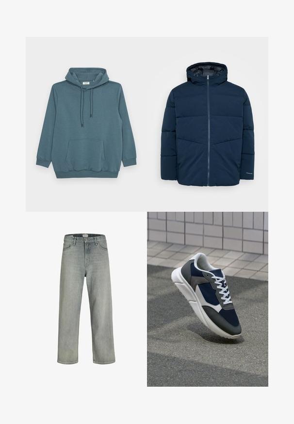 Giubbotto invernale imbottito blu navy con cappuccio, cerniera frontale e maniche lunghe, esposto su uno sfondo semplice.; Felpa teal con cappuccio regolabile, maniche lunghe, una tasca a marsupio frontale e polsini e orlo ribattuti, realizzata in un tessuto morbido.; Jeans grigi chiaro, con vestibilità comoda, realizzati in denim. Presentano un classico design a cinque tasche, passanti per cintura e una silhouette a gamba dritta.; Sneaker con tomaia in rete blu navy, inserti in suede grigio, suola in gomma bianca e lacci bianchi piatti, progettata per comfort e traspirabilità.