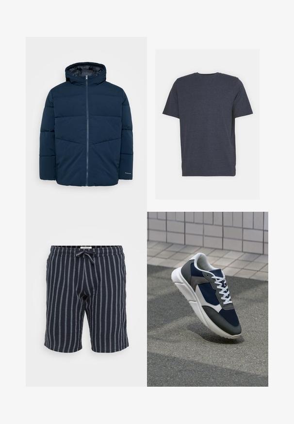 Giubbotto invernale imbottito blu navy con cappuccio, cerniera frontale e maniche lunghe, esposto su uno sfondo semplice.; T-shirt a girocollo blu navy realizzato in morbido tessuto misto cotone, con maniche corte e vestibilità regolare. Nessun motivo o accento visibile.; Pantaloni corti rigati blu navy realizzati in tessuto leggero, con vita elastica e cordino, e righe verticali azzurro chiaro.; Sneaker con tomaia in rete blu navy, inserti in suede grigio, suola in gomma bianca e lacci bianchi piatti, progettata per comfort e traspirabilità.