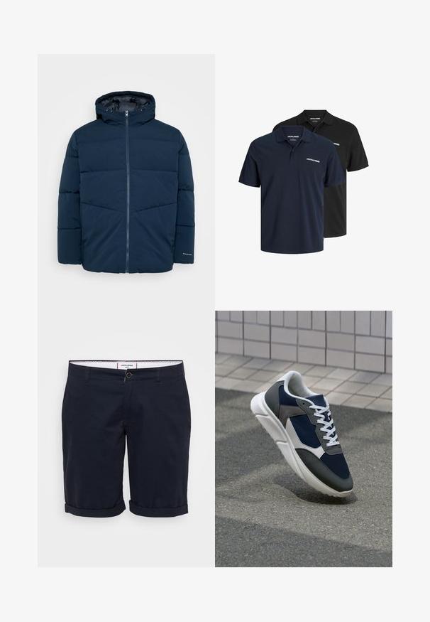 Tengerészkék, párnázott télikabát kapucnival, elülső cipzárral és hosszú ujjakkal, sima háttér előtt kiemelve.; Két pólóing: az egyik sötétkék, fehér logóval, a másik fekete. Mindkettő klasszikus gallérral és rövid ujjakkal rendelkezik, könnyű anyagból készült.; Sötétkék pamut rövidnadrág, lapos elülső résszel, felgöngyölt szárakkal és egyetlen elülső gombbal.; Cipő, amelynek sötétkék hálós felsőrésze, szürke velúr díszítései, fehér gumitalpa és lapos fehér fűzője van, a kényelem és a légáteresztő képesség érdekében tervezve.