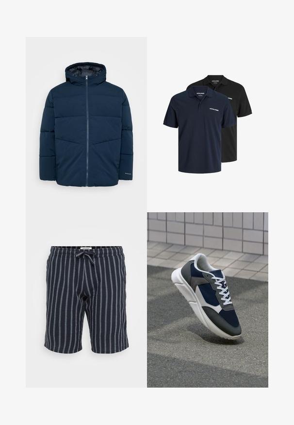 Tumed sinine soe talvejope kapuutsi, ees lukuga ja pikkade varrukatega, esitatud ühetonaalse tausta ees.; Kaks polo särki: üks tumepunane valge logoga ja üks must. Mõlemal on klassikaline krae ja lühikesed varrukad, valmistatud kergest kangast.; Ribad sinine lühikesed püksid kergest kangast, millel on elastne vöökoht ja sidumisnöör, ning vertikaalsed helesinised triibud.; Sneaker, mille sinine võrkkangas, hallid nubukdetailid, valge kummitald ja lamedad valged paelad, disainitud mugavuseks ja hingavuseks.