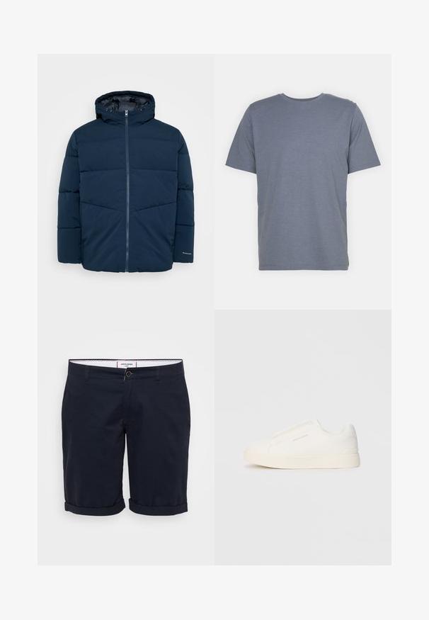 Marineblå polstret vinterjakke med hette, frontlynlås og lange ermer, vist mot en ensfarget bakgrunn.; Grå kortermet T-skjorte med rund hals, laget av myk bomullsblanding. Enkel design, ingen mønstre eller accenter.; Marineblå shorts laget av bomullsstoff, med flat front, rullekanter og en enkelt knappfeste foran.; Hvite slip-on joggesko med teksturert overflate, tykk såle og minimalistisk design. Har merkevarelogo på siden.