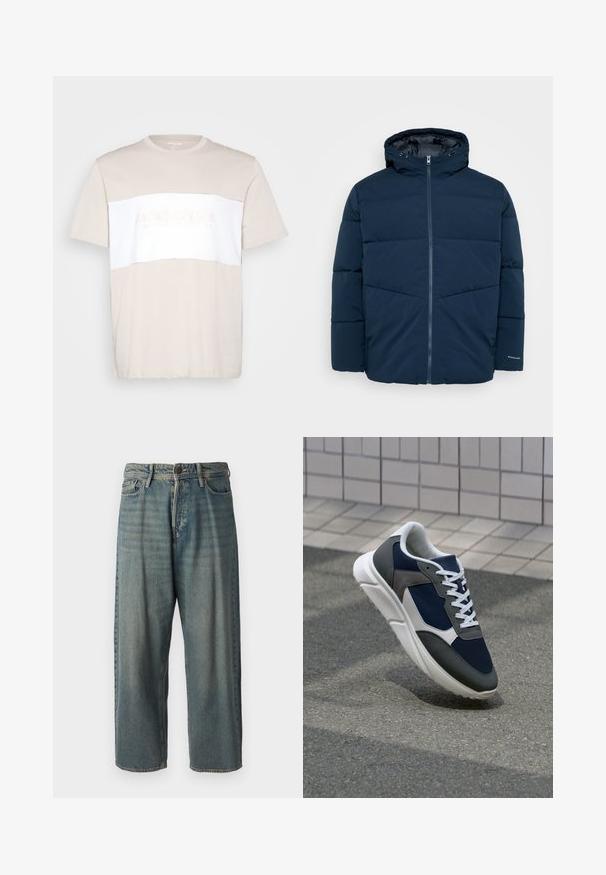 Marineblå polstret vinterjakke med hette, frontlynlås og lange ermer, vist mot en ensfarget bakgrunn.; Beige bomull t-skjorte med hvit horisontal panel. Har rund hals og subtilt preget logo over brystet. Korte ermer.; Lyseblå denimjeans med løs passform, midjehøyde og rette ben. Har fem lommer, beltehemper og knappelukking.; Sneakers med en navy blå mesh-overdel, grå sømværk, hvit gummisåle og flate hvite snører, designet for komfort og pusteevne.