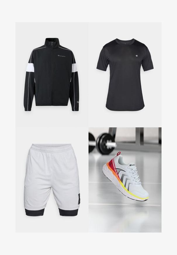 Svart sportsjakke med hvite sidepaneler, glidelås, høy krage, elastiske mansjetter og Champion-logo på brystet. Lett materiale.; Svart kortermet treningstrøye laget av teksturert, pustende stoff; har rund hals og logo på venstre bryst.; Hvite treningsshorts med elastisk midjebånd, med svart besetning nederst og et sideskilt. Laget av lett materiale.; Hvit idrettssko med mesh-overdel, fargerike aksenter i rødt, oransje og gult, med en teksturert såle og svarte detaljer.