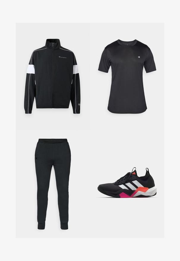 Zwarte sportjack met witte zijpanelen, ritssluiting, hoge kraag, elastische manchetten en het Champion-logo op de borst. Lichtgewicht materiaal.; Zwart sportshirt met korte mouwen, vervaardigd uit een gestructureerde, ademende stof; voorzien van een ronde halslijn en een logo op de linkerborst.; Zwarte sweatpants met een gestructureerd ontwerp, elastische tailleband, ribgebreide boorden en een klein logo op de linkerheup. Zachte stofkwaliteit.; Zwarte sportschoen met witte strepen, textuur bovenwerk en een chunky zool met oranje, roze en witte accenten. Vetersluiting met een treklus.