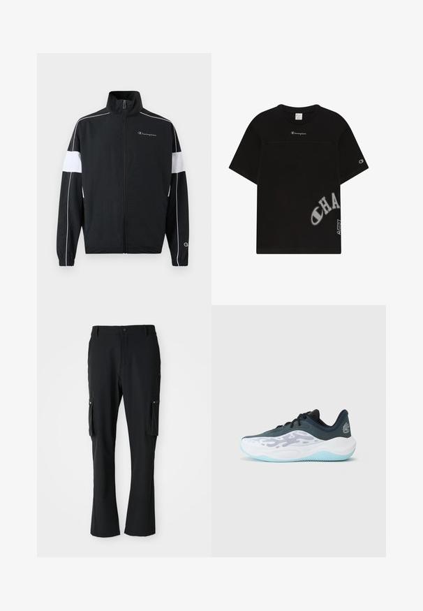 Giacca sportiva nera con pannelli laterali bianchi, chiusura con zip, colletto alto, polsini elastici e logo Champion sul petto. Materiale leggero.; T-shirt in cotone nero con colletto a giro, maniche corte e logo "Champion" stampato sul petto e sul lato inferiore. Presenta una vestibilità rilassata.; Pantaloni cargo neri realizzati in tessuto leggero, caratterizzati da due tasche laterali, chiusura con bottone e design a gamba dritta.; Scarpe atletiche in bianco e nero con tomaia in rete, suola testurizzata e accenti blu chiaro. Presentano lacci e un colletto imbottito per supporto.