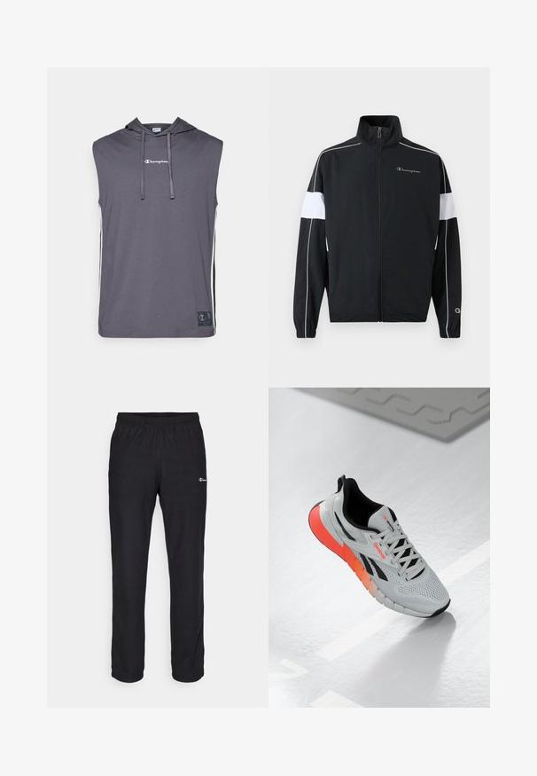 Čierna športová bunda s bielymi bočnými panelmi, so zipsom, vysokým golierom, elastickými manžetami a logom Champion na hrudi. Ľahký materiál.; Champion SLEEVELESS HOODIE - Tričko s potlačou - dark grey; Champion ICONS STRAIGHT PANTS QUICK DRY - Tepláky - black; Biele športové topánky s vrchnou časťou z textílie, čiernymi akcentmi a sálou v gradientnej oranžovo-ružovej farbe. Majú šnurovací dizajn a zaoblenú špičku.