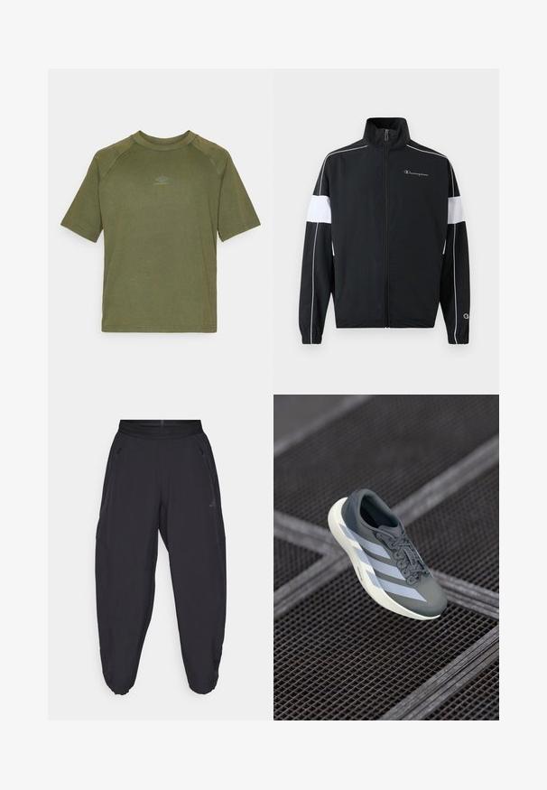 Must have valge külgpaneelidega must spordijakk, lukuga kinnitamine, kõrge krae, elastsed mansetid ja Championi logo rinnal. Kerge materjal.; Oliivroheline lühikeste varrukatega T-särk, mis on valmistatud puuvillast, ümarate kraega ja millel on keskel väike hall logo. Sile tekstuur.; Mustad mustrikad elastse vöökoha, tõmblukkudega küljetaskud, kitsenevad sääred ja diskreetne logo paremal reiel.; Hallide saapad hallis ja valges, valmistatud sünteetilisest materjalist, voolujoonelise disainiga, tekstuurse viimistlusega ja silmapaistva nöörimise süsteemiga.