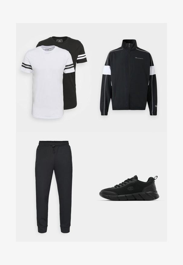 Melns sporta žakets ar baltām sānu uzlīmēm, ar rāvējslēdzēju, augstu apkakli, elastīgiem piedurknēm un Champion logotipu uz krūtīm. Viegls materiāls.; Divas apaļu izgriezumu T-krekli, viens balts ar melnām svītrām uz piedurknēm, otrs melns ar baltām svītrām, izgatavoti no mīksta kokvilnas auduma.; Melni sporta bikses ar auklu elastīgu jostasvietu, sānu rāvējslēdzēja kabatām un ribota piedurkne. Izgatavotas no mīksta, teksturēta auduma.; Melnas sporta kedas ar acs materiālu augšdaļā, pastiprinātu purngali, teksturētu vidusdaļu un aizmugurē nesamajamenu cilpu ērtai uzvilkšanai. Logo attēlots uz sānu.