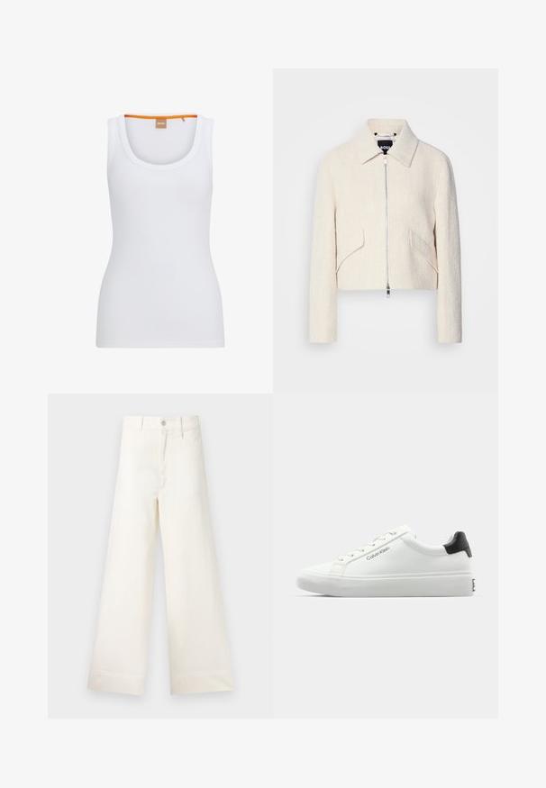 Casaco cropped em tecido texturizado off-white, com colarinho de pé e bolsos laterais, apresentando um fecho frontal por zipper e hardware minimalista.; Top de malha branco com recortes, com um decote redondo, apresentando um destaque laranja contrastante no interior da gola e uma silhueta ajustada.; Calças largas em algodão bege claro. Apresentam uma cintura alta, bolsos frontais e um corte reto. Acabamento de bainha limpo, sem padrões.; Sapatilha branca com acabamento liso, detalhe preto no calcanhar e design com atacadores. Apresenta a marca "Calvin Klein" na lateral. Estilo minimalista.