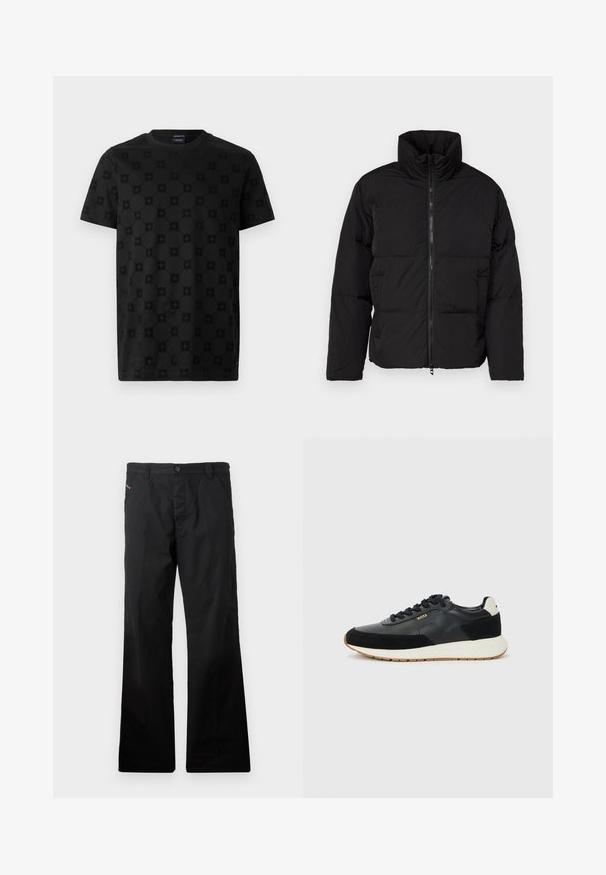 Zwarte gewatteerde jas met hoge kraag, ritsluiting en horizontaal gestikt patroon. Gemaakt van lichtgewicht, waterafstotend materiaal.; Zwarte T-shirt met een gestructureerd patroon van cirkels en bloemvormen, korte mouwen en een ronde hals. Gemaakt van zacht katoen.; Zwarte, katoenen, rechte broek met een knoopsluiting. Bevat zijzakken en heeft een minimalistisch ontwerp zonder zichtbare patronen of accenten.; Zwarte sneaker met een mix van gestructureerd leer en suede, met een witte tussenzool en een gumrubberen buitenzool. Veters in bijpassend zwart.