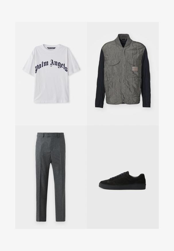 Quilted gray vest with black sleeves, two chest pockets, ribbed collar, and a logo tag on the left side. Smooth, textured fabric.; White cotton t-shirt featuring bold navy "Palm Angels" text in a curved design. Short sleeves and a crew neck cut. Smooth texture.; Gray tailored trousers with a fine check pattern, straight leg design, and a smooth fabric texture. Features belt loops and a zip fly.; Black suede sneaker with a flat, textured sole, rounded toe, six eyelets for laces, and a minimalist design.