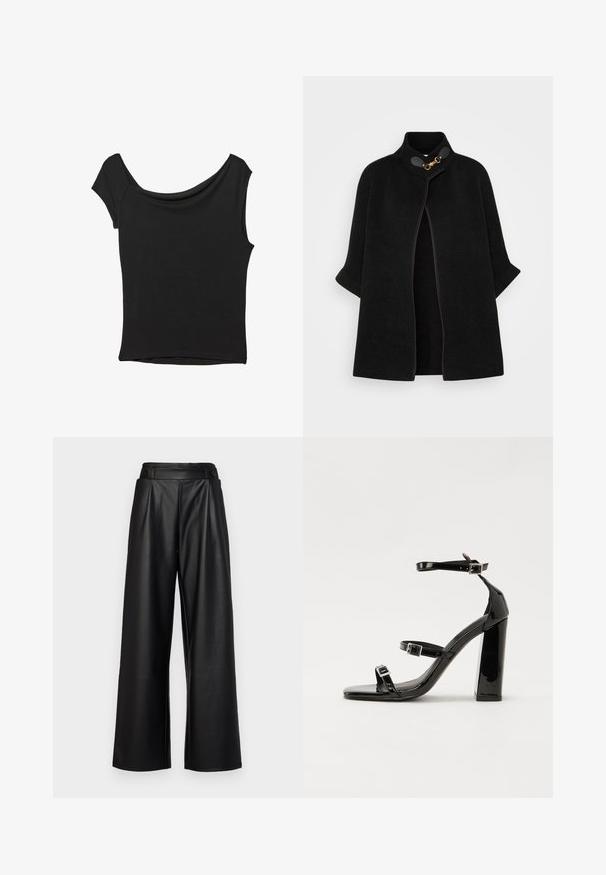 VILA VICEMRE - Kapper - black; Sort kortærmet top lavet af glat stof; har en draperet halsudskæring og en asymmetrisk kant, med en tætsiddende pasform.; Sorte, vide bukser lavet af læder, med høj talje, plisseringer og to runde knapper foran til lukning.; Sorte patenterede hælsandaler med firkantet tå, ankelremme og sølvspænder. Har en chunky blokHæl for stabilitet.