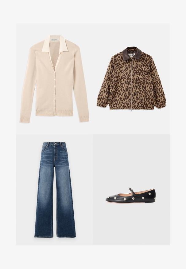 Leopárdmintás dzseki barna bőr gallérral, elöl cipzárral záródik, elasztikus mandzsettákkal és egy mellzsebbel rendelkezik. Textúrált anyaga puha megjelenésű.; Beige kardigán mély V-nyakkal, hosszú ujjakkal, bordás mandzsettákkal és szegéllyel, valamint hat azonos gombbal az elején. Puha kötött textúra.; Fehér pántos top V-nyakkivágással, vékony pántokkal, texturált csipke díszítéssel a vállaknál és ívelt szegéllyel. Simás anyagfelület.; Közepesen kék, széles szárú farmernadrág magas derékkal, kopott részletekkel és klasszikus ötpocket dizájnnal, tűzött kiegészítésekkel.; Fekete bőr Mary Jane lapossarkú cipő, lekerekített orral, ezüst színű kör alakú szegecsekkel és állítható pánttal, csattal.