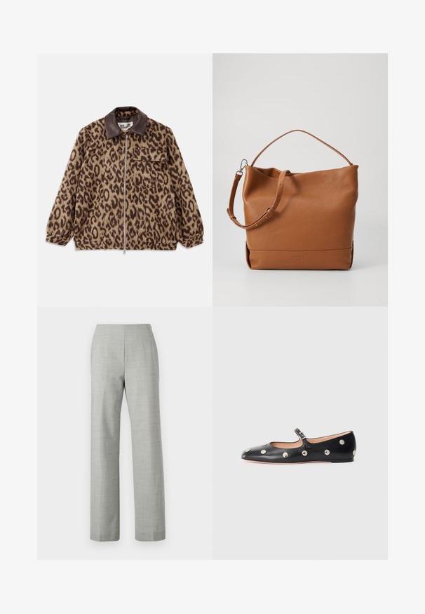 Leopardi mustriga jakk pruunist nahkkaelusest, ees lukuga kinnitamine, elastsed mansetid ja rinnatasku. Tekstuuriga kangas pehme välimusega.; Valge kampsun V-kujuga kaelusega, õhukeste rihmadega, õlgadel tekstuuriga pitsaktsentidega ning kumerate äärtega. Sile kanga tekstuur.; Hallitatud hallid püksid sirge lõikega, valmistatud tekstureeritud kangast. Ombes pehme vööosa ja puhas, minimalistlik viimistlus.; Must naar mustast valmistatud Mary Jane lamedad jalanõud, ümarate varvastega, hõbedaste ümmarguste nupukestega ja reguleeritava rihmaga, millel on klamber.; Tanni nahkine õlakott pehme tekstuuriga, millel on üks reguleeritav rihm ja lohkine disain. Lihtne brändimine esiküljel.