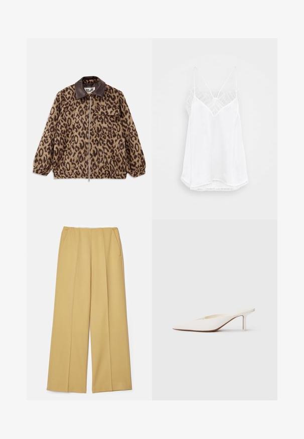 Kabát se zvířecím potiskem, hnědým koženým límcem, předním zipem, elastickými manžetami a náprsní kapsou. Texturovaná látka s jemným vzhledem.; Bílá tílko s výstřihem do V, tenkými ramínky, texturovanými krajkovými detaily na ramenou a zakřiveným lemováním. Hladká textura látky.; Kalhoty s širokými nohavicemi v hořčicově žluté tkanině, s předními kapsami a hladkým povrchem, s čistým, upraveným designem.; Bílé muly s špičatou špičkou a nízkým jehlovým podpatkem. Vyrobené z hladkého materiálu s minimalistickým designem a jemným detailním pro tanovou podrážku.
