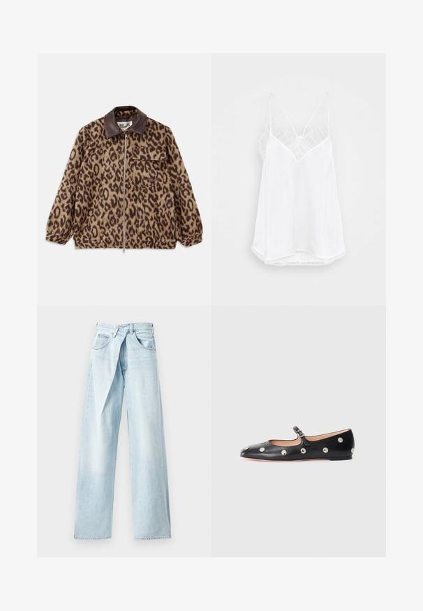 Kabát s leopardím vzorom, hnedým koženým golierom, predným zipsom, elastickými manžetami a vreckom na hrudi. Texturovaná tkanina s jemným vzhľadom.; Biela cami s designom do V, tenkými ramienkami, textúrovanými čipkovými akcentmi na pleciach a zakriveným lemom. Hladká textúra látky.; Svetlomodré široké džínsy vyrobené z denimu, s jedinečným prekrývajúcim pásom a dizajnom s piatimi vreckami. Hladká textura a rovné strihy.; Čierne kožené baleríny typu Mary Jane s okrúhlou špičkou, so striebornými kruhovými cvokmi a nastaviteľným remienkom so sponou.