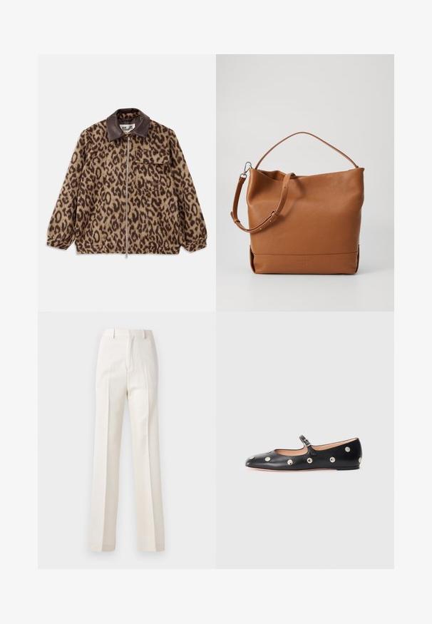 Jaguarprint jakke med krave i brunt læder, frontlynlås, elastiske manchetter og en brystlomme. Struktureret stof med et blødt udseende.; Hvid camisole med v-udskæring, tynde stropper, teksturerede blonde detaljer ved skuldrene og en buet nederkant. Glat stoftekstur.; Hvide, brede bukser med en glat tekstur, der har frontfolder og et klassisk taljebånd, designet til et poleret look.; Sorte læder Mary Jane flad sko med en rund tå, udstyret med sølvfarvede runde nitter og en justerbar rem med spænde.; Tan læder skuldertaske med en blød tekstur, der har en enkelt justerbar rem og et afslappet design. Enkel branding foran.
