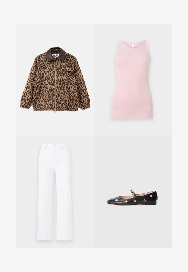 Leopard print jacket with a brown leather collar, front zipper closure, elastic cuffs, and a chest pocket. Textured fabric with a soft appearance.; Light pink tank top made of soft, stretchy fabric. Features a round neckline and narrow shoulder straps, with a smooth texture and fitted shape.; White denim jeans with a high waist and wide-leg cut. Features front pockets, a button closure, and subtle stitching details.; Black leather Mary Jane flat shoe with a rounded toe, featuring silver circular studs and an adjustable strap with a buckle.