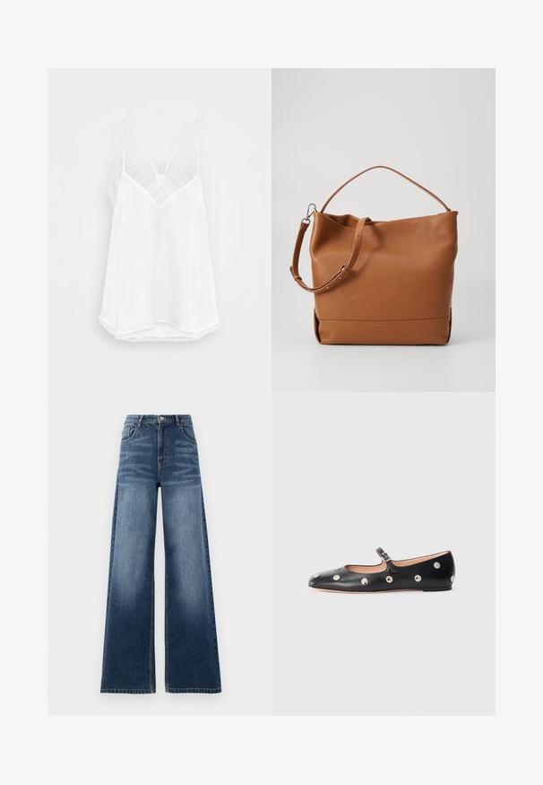 Jachetă cu imprimeu de leopard, cu guler din piele maro, închidere cu fermoar în față, mansete elastice și un buzunar pe piept. Material texturat cu un aspect moale.; Camisola albă cu un decolteu în formă de V, bretele subțiri, accente de dantelă texturată la umeri și o margine curbată. Textură a stofei netedă.; Jeans cu picioare largi, de culoare albastră medie, cu talie înaltă, detalii de decolorare și design clasic cu cinci buzunare, evidențiat prin cusături.; Pantofii Mary Jane din piele neagră, cu vârful rotund, decorati cu nasturi circulari argintii și o curea ajustabilă cu cataramă.; Geantă de umăr din piele maro cu o textură moale, având o curea ajustabilă și un design lejer. Branding simplu pe partea din față.