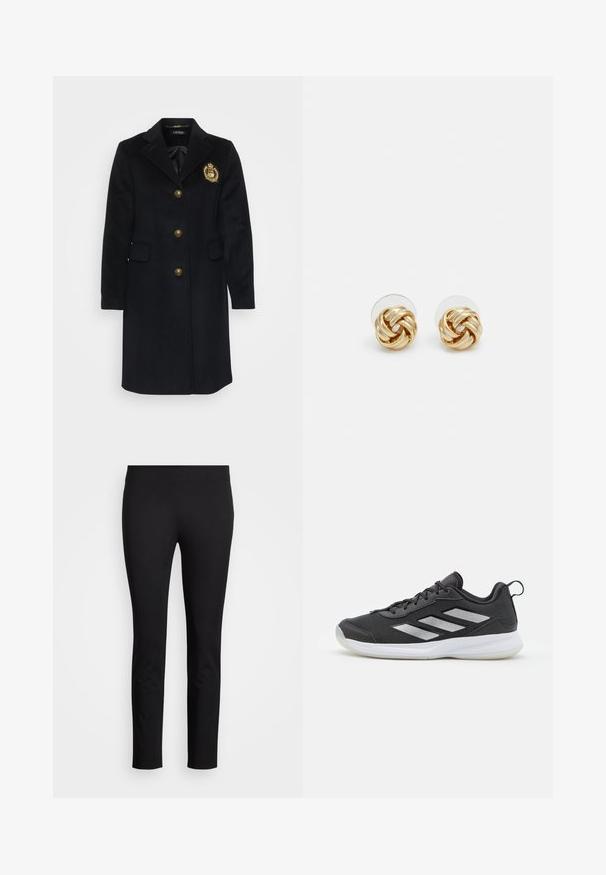 Black wool coat featuring a tailored design, notch lapels, golden buttons, front pockets, and an embroidered emblem on the chest.; White, fitted t-shirt with a boat neckline and mid-length sleeves that are rolled at the cuffs, made from a smooth fabric.; Black leggings made of stretchy material, featuring a slim fit design and smooth texture with no visible patterns or accents.; Black athletic shoe with a breathable mesh upper, reflective silver accents, and a cushioned white rubber sole. Lace-up design.; Gold-tone knot stud earrings with a twisted design. Each earring features a circular clear backing for secure wear.