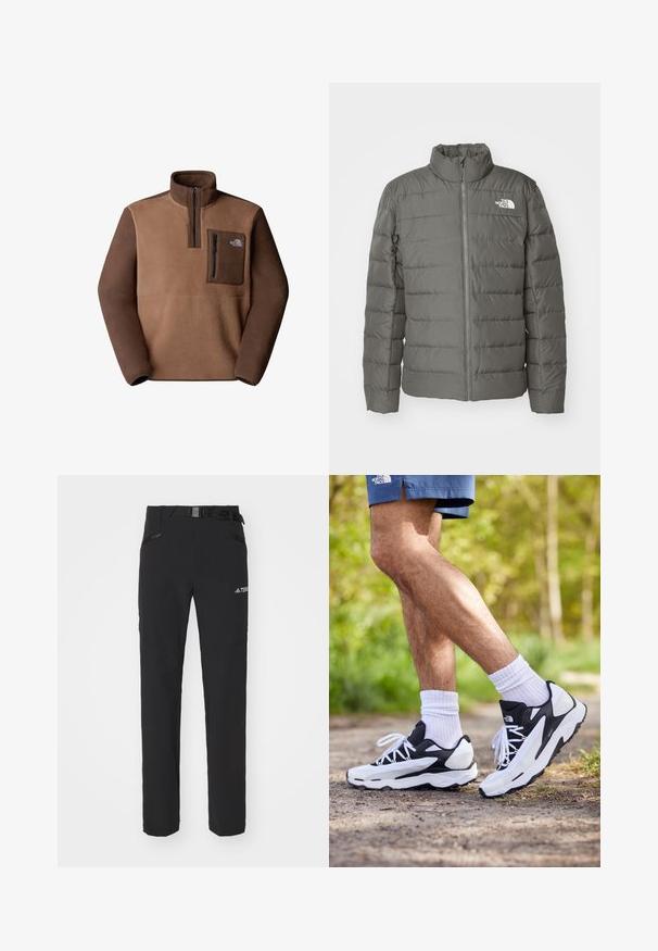 Graue Pufferjacke mit hohem Kragen, horizontal genähten Bereichen, einem Reißverschluss vorne und einem Logo in der oberen linken Ecke.; Fleece-Pullover in Brauntönen mit einem Reißverschluss am Hals, ausgestattet mit einer Brusttasche und dem The North Face-Logo auf der oberen linken Seite.; Schwarze Outdoor-Hosen aus glattem Stoff, mit seitlichen Reißverschlusstaschen, verstärkten Kniepartien und einem verstellbaren Bund mit Schnalle.; Schwarz-weiße Sportschuhe mit einem Obermaterial aus Mesh, strukturierten Akzenten und weißen Schnürsenkeln. getragen mit weißen Knöchelsocken und dunkelblauen Shorts auf einem Weg.