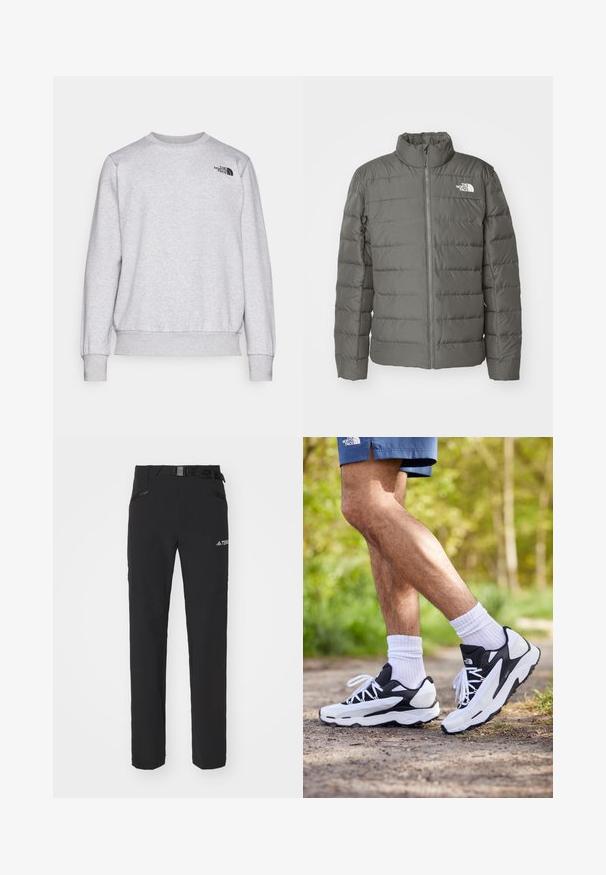 Šedá péřová bunda s vysokým límcem, horizontálně prošívanými částmi, předním zipem a logem v levém horním rohu.; Šedá mikina vyrobená z měkké látky, s dlouhými rukávy, kulatým výstřihem, žebrovanými manžetami a malým černým logem na hrudi.; Černé venkovní kalhoty s hladkým materiálem, bočními zipovými kapsami, zesílenými částmi kolen a nastavitelným pasem se sponou.; Černobílé sportovní boty s síťovaným svrškem, texturovanými akcenty a bílými tkaničkami. Nosené s bílými kotníkovými ponožkami a námořnickými šortkami na stezce.