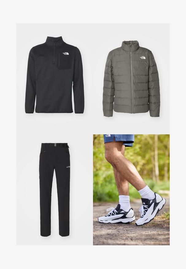 Giacca trapuntata grigia con colletto alto, sezioni orizzontali trapuntate, zip frontale e un logo nell'angolo superiore sinistro.; Pullover in pile nero con zip a quarto e colletto alto, dotato di taschino sul petto, dettaglio del logo e texture liscia.; Pantaloni outdoor neri con tessuto liscio, tasche laterali con zip, sezioni delle ginocchia rinforzate e una cintura regolabile con fibbia.; Scarpe sportive in bianco e nero con tomaia in rete, dettagli testurizzati e lacci bianchi. Indossate con calzini bianchi alla caviglia e pantaloni corti blu navy su un sentiero.