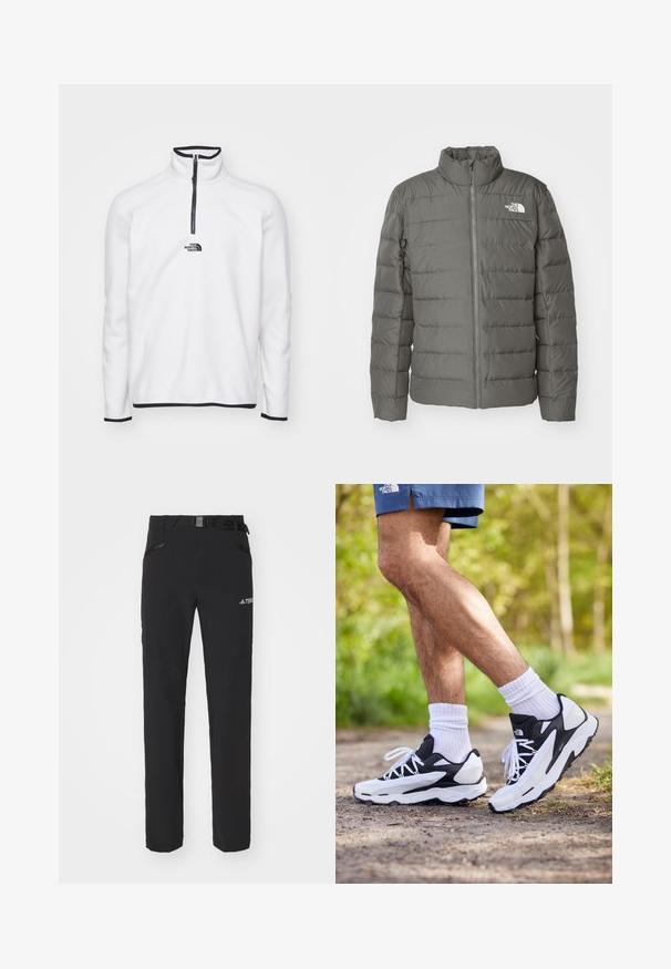 Graue Pufferjacke mit hohem Kragen, horizontal genähten Bereichen, einem Reißverschluss vorne und einem Logo in der oberen linken Ecke.; The North Face GLACIER ¼ ZIP - EMBROIDERED LOGO - Fleecepullover - gardenia white; The North Face M L/S SIMPLE DOME TEE - Langarmshirt - medium grey heather; Schwarze Outdoor-Hosen aus glattem Stoff, mit seitlichen Reißverschlusstaschen, verstärkten Kniepartien und einem verstellbaren Bund mit Schnalle.; Schwarz-weiße Sportschuhe mit einem Obermaterial aus Mesh, strukturierten Akzenten und weißen Schnürsenkeln. getragen mit weißen Knöchelsocken und dunkelblauen Shorts auf einem Weg.