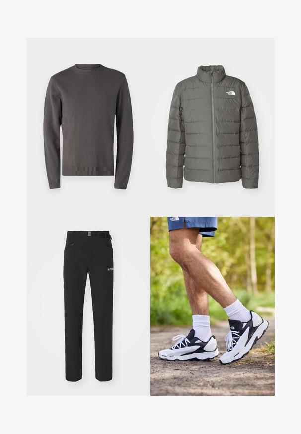 Graue Pufferjacke mit hohem Kragen, horizontal genähten Bereichen, einem Reißverschluss vorne und einem Logo in der oberen linken Ecke.; Samsøe Samsøe SYLLI CREW NECK - Strickpullover - volcanic ash; Schwarze Outdoor-Hosen aus glattem Stoff, mit seitlichen Reißverschlusstaschen, verstärkten Kniepartien und einem verstellbaren Bund mit Schnalle.; Schwarz-weiße Sportschuhe mit einem Obermaterial aus Mesh, strukturierten Akzenten und weißen Schnürsenkeln. getragen mit weißen Knöchelsocken und dunkelblauen Shorts auf einem Weg.