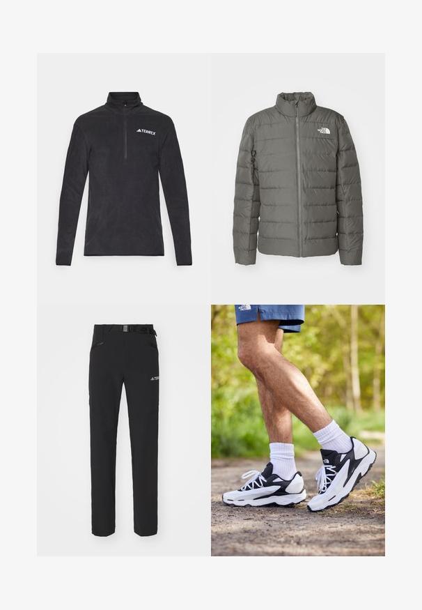 Grå pufferjakke med højkald, vandret quiltede sektioner, lynlås foran og et logo i øverste venstre hjørne.; Sort fleece pull-over med stående krave, kvart lynlås lukning og TERREX-logo på venstre bryst. Blød tekstur og lange ærmer.; Sorte udendørsbukser med glat stof, sidelommer med lynlås, forstærkede knæsektioner og en justerbar talje med spænde.; Sorte og hvide sportsko med mesh-overdel, teksturerede accenter og hvide snørebånd. Båret med hvide ankelstrømper og marineblå shorts på en sti.