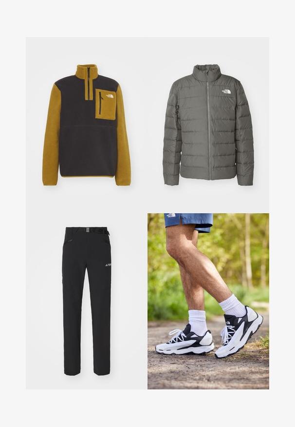 Grå pufferjakke med højkald, vandret quiltede sektioner, lynlås foran og et logo i øverste venstre hjørne.; The North Face YUMIORI 1/4 ZIP - Fleecetrøjer - black/moss green; The North Face M L/S SIMPLE DOME TEE - Langærmet T-shirt - medium grey heather; Sorte udendørsbukser med glat stof, sidelommer med lynlås, forstærkede knæsektioner og en justerbar talje med spænde.; Sorte og hvide sportsko med mesh-overdel, teksturerede accenter og hvide snørebånd. Båret med hvide ankelstrømper og marineblå shorts på en sti.