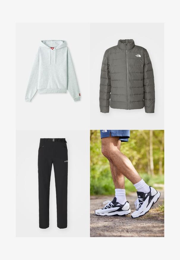 Šedá prešívaná bunda s vysokým golierom, horizontálne prešívané sekcie, predný zips a logo v ľavom hornom rohu.; Svetlá šedá mikina s kengurským vreckom, nastaviteľnými šnúrkami na kapucni, rebrovanými manžetami a malým červeným logom na ľavom rukáve.; Čierne vonkajšie nohavice s hladkým materiálom, postrannými zipsovými vreckami, zosilnenými kolenami a nastaviteľným pásom s prackou.; Čierne a biele športové topánky s sieťovinovým zvrškom, textúrovanými akcentmi a bielymi šnúrkami. Nosené s bielymi ponožkami po členky a tmavomodrými šortkami na chodníku.