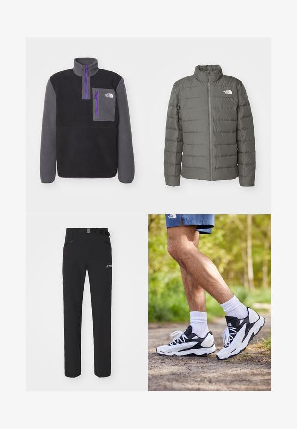 Giacca trapuntata grigia con colletto alto, sezioni orizzontali trapuntate, zip frontale e un logo nell'angolo superiore sinistro.; The North Face YUMIORI 1/4 ZIP - Felpa in pile - black/anthracite grey; Pantaloni outdoor neri con tessuto liscio, tasche laterali con zip, sezioni delle ginocchia rinforzate e una cintura regolabile con fibbia.; Scarpe sportive in bianco e nero con tomaia in rete, dettagli testurizzati e lacci bianchi. Indossate con calzini bianchi alla caviglia e pantaloni corti blu navy su un sentiero.