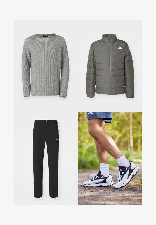 Szara puchowa kurtka z wysokim kołnierzem, poziomymi przeszyciami, zamek błyskawiczny z przodu oraz logo w lewym górnym rogu.; Szary sweter prążkowany z długimi rękawami, okrągłym dekoltem i teksturowanym materiałem. Charakteryzuje się czystym wykończeniem brzegów oraz luźnym krojem.; Czarne spodnie na zewnątrz z gładkiego materiału, boczne kieszenie na zamek, wzmocnione partie na kolanach oraz regulowany pas z klamrą.; Czarno-białe buty sportowe z siateczkową cholewką, teksturowanymi akcentami i białymi sznurówkami. Noszone z białymi skarpetkami do kostek i granatowymi szortami na ścieżce.