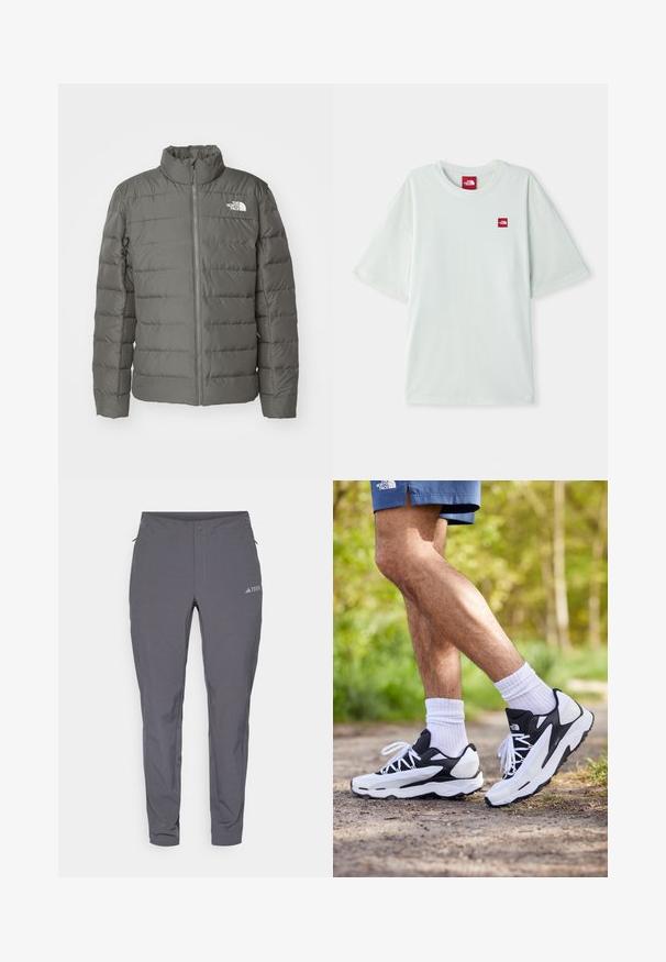 Grå pufferjacka med hög krage, horisontella quiltade sektioner, framdragkedja och en logotyp i övre vänstra hörnet.; Ljusgrön kortärmad t-shirt i mjuk bomull, med en liten röd logotag på vänster bröstområde. Avslappnad passform och rund halsringning.; Grå utomhusbyxor med slim fit, tillverkade av lättviktigt material. Har en knappstängning och sidofickor. "Terrex"-logotyp på framsidan.; Svartvita träningsskor med mesh-överkappa, texturerade detaljer och vita snören. Bärs med vita ankelsockar och marinblå shorts på en stig.