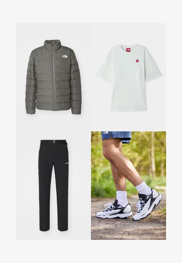 Grå pufferjacka med hög krage, horisontella quiltade sektioner, framdragkedja och en logotyp i övre vänstra hörnet.; Ljusgrön kortärmad t-shirt i mjuk bomull, med en liten röd logotag på vänster bröstområde. Avslappnad passform och rund halsringning.; Svarta utomhusbyxor med slät tyg, sidofickor med dragkedja, förstärkta knäsektioner och en justerbar midja med spänne.; Svartvita träningsskor med mesh-överkappa, texturerade detaljer och vita snören. Bärs med vita ankelsockar och marinblå shorts på en stig.