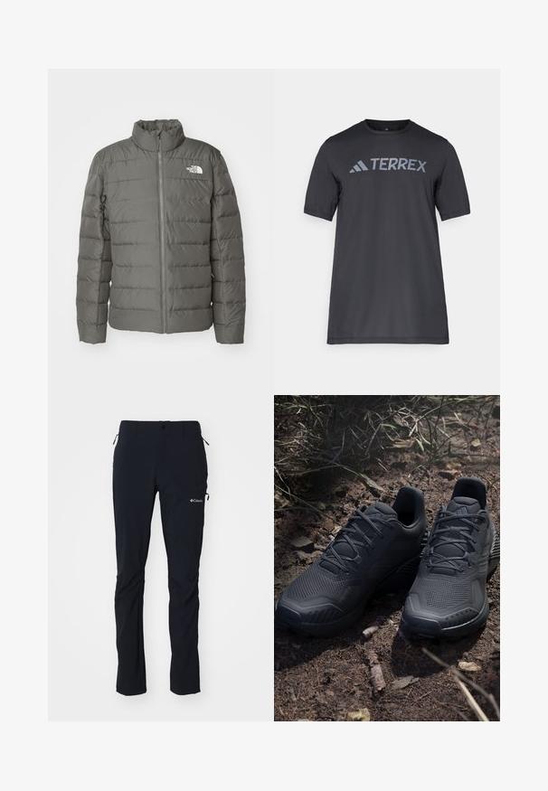 Gray puffer jacket with a high collar, horizontal quilted sections, front zipper, and a logo in the upper left corner.; Black short-sleeve t-shirt made of lightweight fabric, featuring a light gray “TERREX” logo across the chest and a crew neckline.; Columbia COLUMBIA TECH™ PANT - Outdoor trousers - black; Black athletic shoes with a textured knit upper, reinforced toe, and cushioned sole, displayed on earthy ground with scattered twigs.