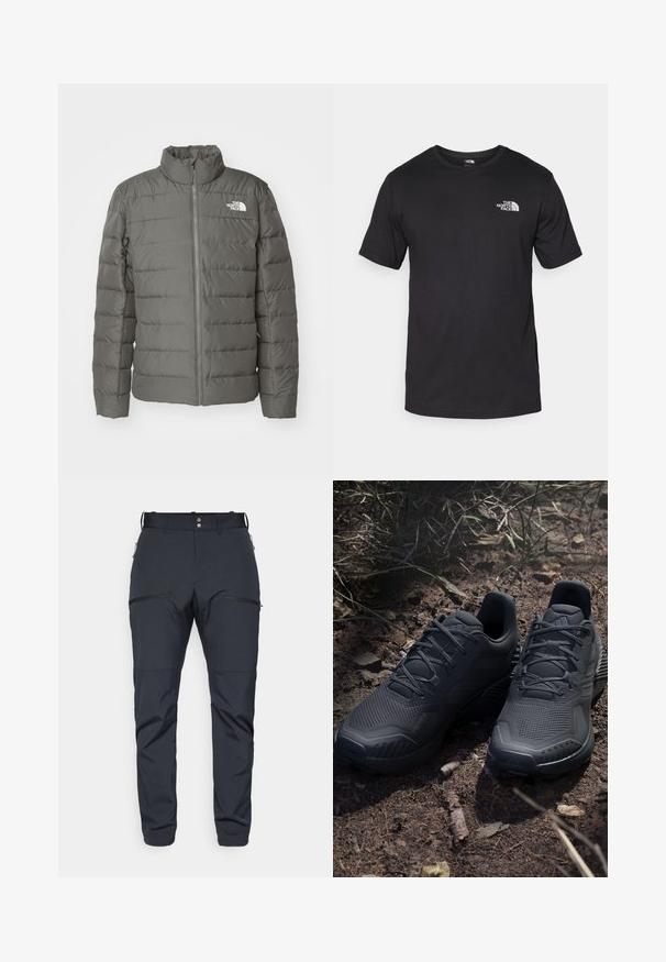 Šedá péřová bunda s vysokým límcem, horizontálně prošívanými částmi, předním zipem a logem v levém horním rohu.; Černé tričko s krátkým rukávem vyrobené z bavlny, s kulatým výstřihem a malým bílým logem na horní levé části hrudi.; Houdini MORE PANTS - Outdoorové kalhoty - true black; Černé atletické boty s texturovaným pleteným svrškem, zpevněnou špičkou a měkkou podešví, vystavené na zemi s přírodními odstíny a roztroušenými větvičkami.