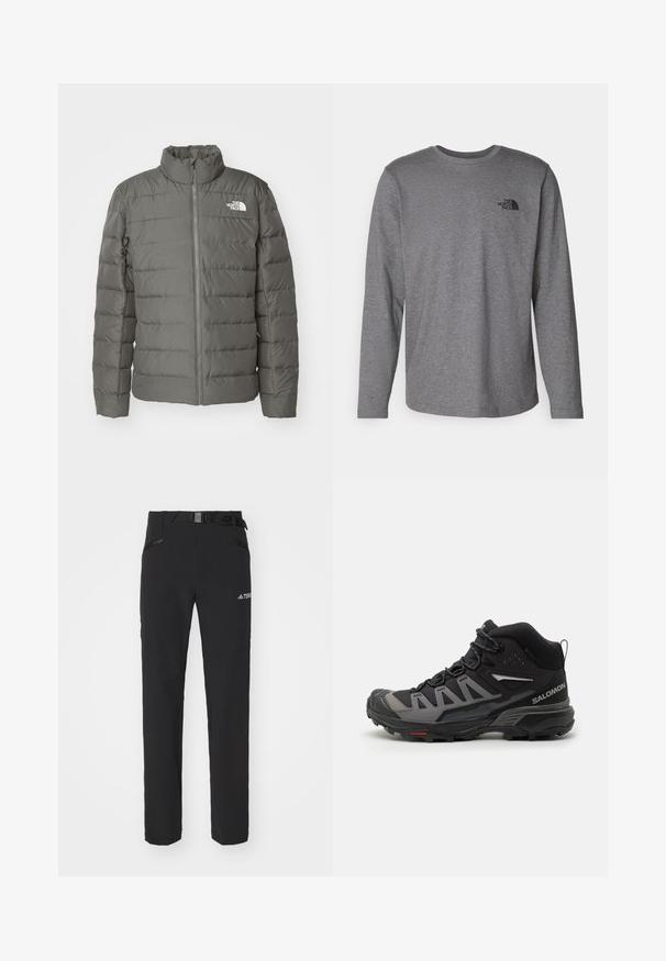 Gray puffer jacket with a high collar, horizontal quilted sections, front zipper, and a logo in the upper left corner.; The North Face M L/S SIMPLE DOME TEE - Long sleeved top - medium grey heather; Black outdoor pants with a smooth fabric, side zip pockets, reinforced knee sections, and an adjustable waistband featuring a buckle.; Black and gray mid-top hiking shoe with a textured upper, reinforced toe cap, lacing system, and rugged outsole designed for traction.