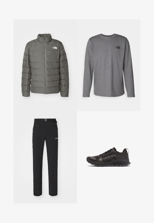 Gray puffer jacket with a high collar, horizontal quilted sections, front zipper, and a logo in the upper left corner.; The North Face M L/S SIMPLE DOME TEE - Long sleeved top - medium grey heather; Black outdoor pants with a smooth fabric, side zip pockets, reinforced knee sections, and an adjustable waistband featuring a buckle.; Black Gore-Tex running shoe with hexagonal-patterned sole and pull tab at heel, viewed from the outer side.