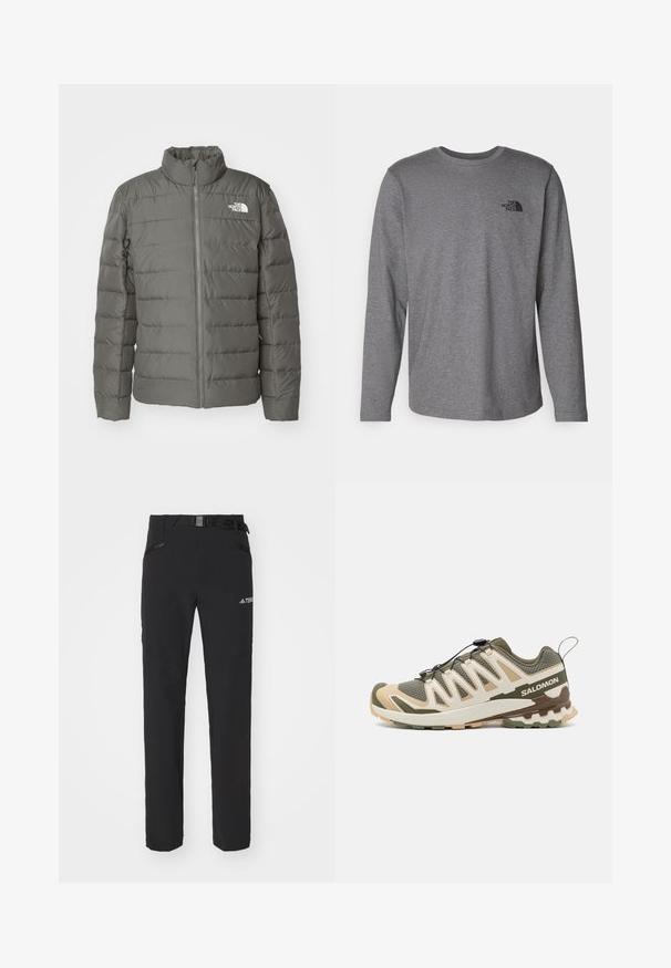 Šedá péřová bunda s vysokým límcem, horizontálně prošívanými částmi, předním zipem a logem v levém horním rohu.; The North Face M L/S SIMPLE DOME TEE - Top s dlouhým rukávem - medium grey heather; Černé venkovní kalhoty s hladkým materiálem, bočními zipovými kapsami, zesílenými částmi kolen a nastavitelným pasem se sponou.; Pánská trailová běžecká obuv v odstínech hnědé, zelené a béžové. Obsahuje síťovanou svrchní část, gumovou podrážku a elastické tkaničky pro bezpečné nošení. Lehký design.