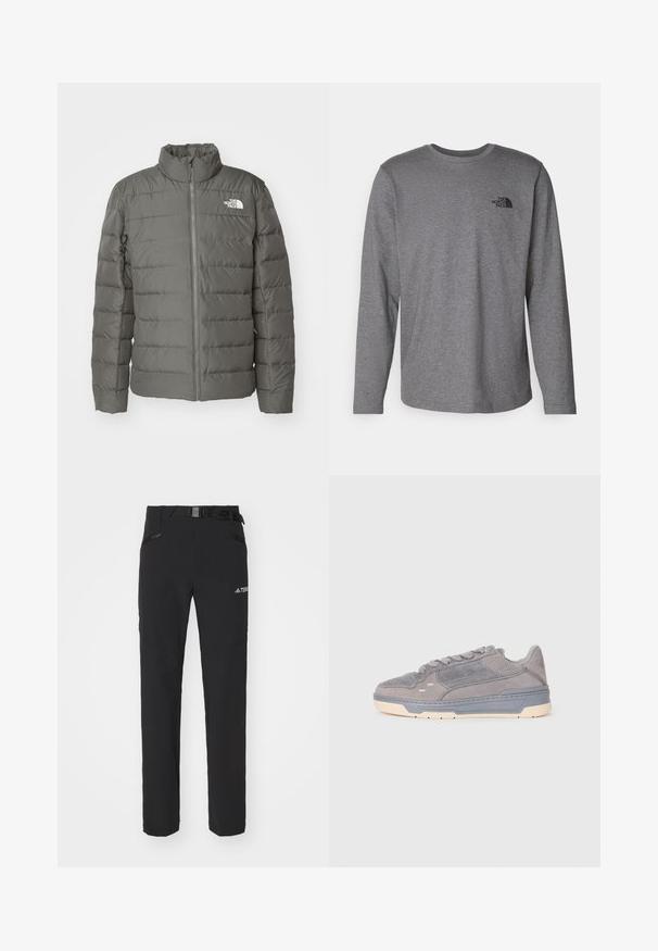 Szara puchowa kurtka z wysokim kołnierzem, poziomymi przeszyciami, zamek błyskawiczny z przodu oraz logo w lewym górnym rogu.; The North Face - Bluzka z długim rękawem; Czarne spodnie na zewnątrz z gładkiego materiału, boczne kieszenie na zamek, wzmocnione partie na kolanach oraz regulowany pas z klamrą.; Szare zamszowe sneakersy z perforowanymi detalami, gruba szara podeszwa środkowa, kremowa podeszwa zewnętrzna oraz zapięcie na sznurówki, pokazane w profilu bocznym na białym tle.