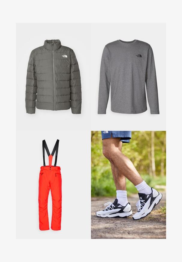 Šedá péřová bunda s vysokým límcem, horizontálně prošívanými částmi, předním zipem a logem v levém horním rohu.; The North Face M L/S SIMPLE DOME TEE - Top s dlouhým rukávem - medium grey heather; Salomon EDGE PANT  - Lyžařské kalhoty - cherry tomato; Černobílé sportovní boty s síťovaným svrškem, texturovanými akcenty a bílými tkaničkami. Nosené s bílými kotníkovými ponožkami a námořnickými šortkami na stezce.