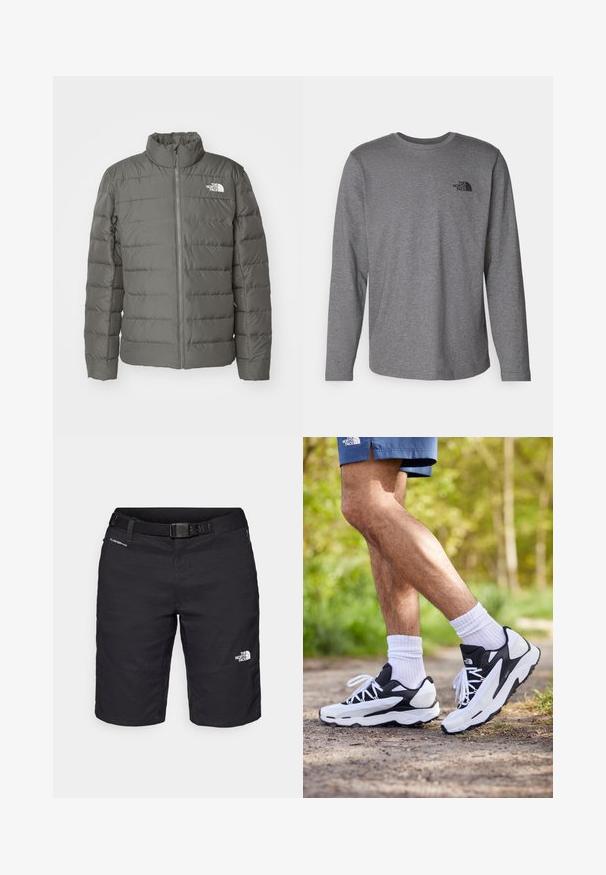 Szara puchowa kurtka z wysokim kołnierzem, poziomymi przeszyciami, zamek błyskawiczny z przodu oraz logo w lewym górnym rogu.; The North Face - Bluzka z długim rękawem; Czarne szorty hikingowe wykonane z lekkiego materiału, z paskiem, detalami w postaci szwów oraz logo na prawej nodze.; Czarno-białe buty sportowe z siateczkową cholewką, teksturowanymi akcentami i białymi sznurówkami. Noszone z białymi skarpetkami do kostek i granatowymi szortami na ścieżce.