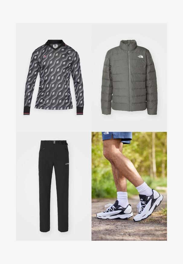 Gray puffer jacket with a high collar, horizontal quilted sections, front zipper, and a logo in the upper left corner.; Long-sleeve football jersey in dark gray with a geometric pattern in lighter shades, featuring a black collar and red accent stripes at the cuffs.; Black outdoor pants with a smooth fabric, side zip pockets, reinforced knee sections, and an adjustable waistband featuring a buckle.; Black and white athletic shoes with mesh upper, textured accents, and white laces. Worn with white ankle socks and navy shorts on a path.