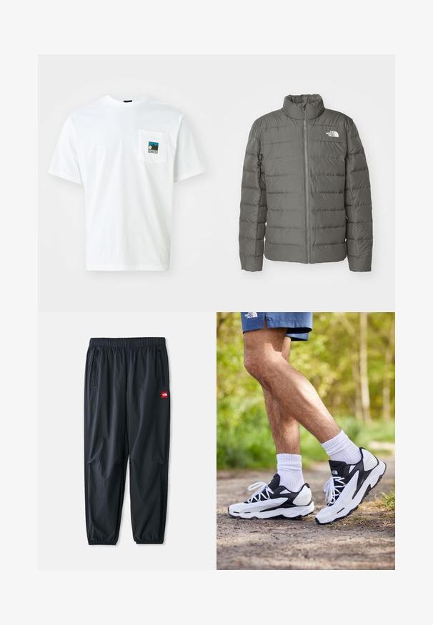 Szürke puffertakaró magas gallérral, vízszintes steppelt részekkel, elöl zipzárral és logóval a bal felső sarokban.; Fehér pamut póló rövid ujjal, amelyen egy mellzseb található, színes grafikával hegyekről és a "THE NORTH FACE" felirattal.; Fekete, könnyű szintetikus anyagból készült nadrág, elasztikus derékkal, cipzáras oldalsó zsebekkel és egy kis piros logóval.; Fekete-fehér sportcipők, hálós felső résszel, texturált részletekkel és fehér fűzőkkel. Fehér bokazoknival és tengerészkék sorttal viselve egy ösvényen.