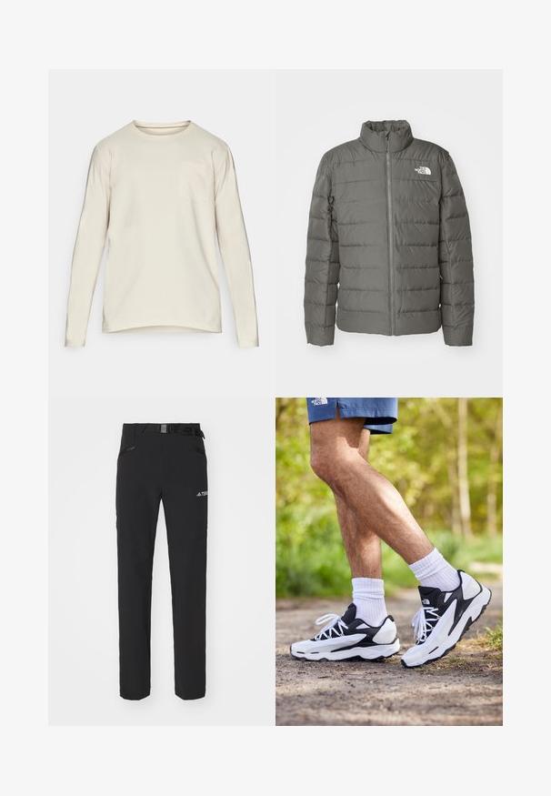 Harmaa puffatakki korkealla kauluksella, vaakasuorilla tikatuilla osioilla, edessä vetoketju ja logo vasemmassa yläkulmassa.; Pitkähihainen, pyöreäkaulainen paita vaaleasta beigestä puuvillasta. Siinä on hillitty tasku vasemmassa rinnassa ja kaareva helma rentoa istuvuutta varten.; Mustat ulkoiluhousut, joissa on sileä kangas, sivuilla vetoketjulliset taskut, vahvistetut polviosat ja säädettävä vyötärö, jossa on solki.; Mustat ja valkoiset urheilukengät, joissa on verkkopinta, tekstuuriset yksityiskohdat ja valkoiset nauhat. Yhdistetty valkoisiin nilkkasukkiin ja laivaston sinisiin shortsireihin polulla.