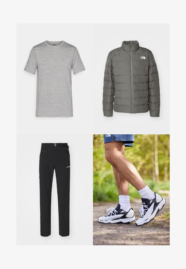 Grijze puffjack met een hoge kraag, horizontaal gestikte secties, voorrits en een logo in de linkerbovenhoek.; Grijze heathered t-shirt met korte mouwen en een ronde hals, van textuurstof, met een klein logo accent op de borst. Lichtgewicht ontwerp.; Zwarte outdoorbroeken van gladde stof, met zijzakken met rits, verstevigde knieën en een verstelbare tailleband met een gesp.; Zwart-witte sportschoenen met een mesh bovenkant, tekstuuraccenten en witte veters. Draag gedragen met witte enkelsokken en marineblauwe shorts op een pad.