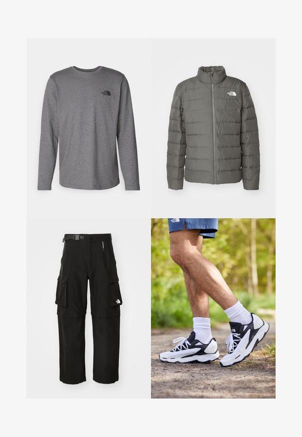 Graue Pufferjacke mit hohem Kragen, horizontal genähten Bereichen, einem Reißverschluss vorne und einem Logo in der oberen linken Ecke.; The North Face M L/S SIMPLE DOME TEE - Langarmshirt - medium grey heather; Schwarze Cargo-Hosen aus robustem Material, mit mehreren Taschen, einem Gürtel und einem Logo am unteren Bein. Gerader Schnitt mit einer glatten Textur.; Schwarz-weiße Sportschuhe mit einem Obermaterial aus Mesh, strukturierten Akzenten und weißen Schnürsenkeln. getragen mit weißen Knöchelsocken und dunkelblauen Shorts auf einem Weg.